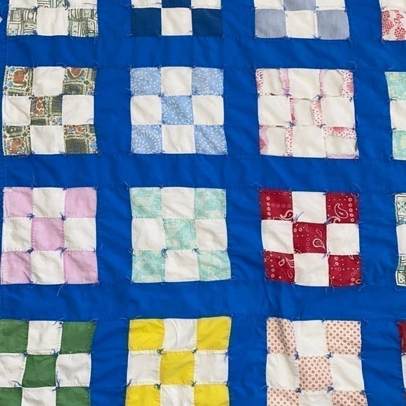Vintage Antique Handmade Bright Blue Colorful Patchwork Checkered Quilt Bohemian